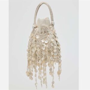 Zara Pearlescent Shell Beaded Bucket Bag Mini Cream Coastal Resort Blogger NWT